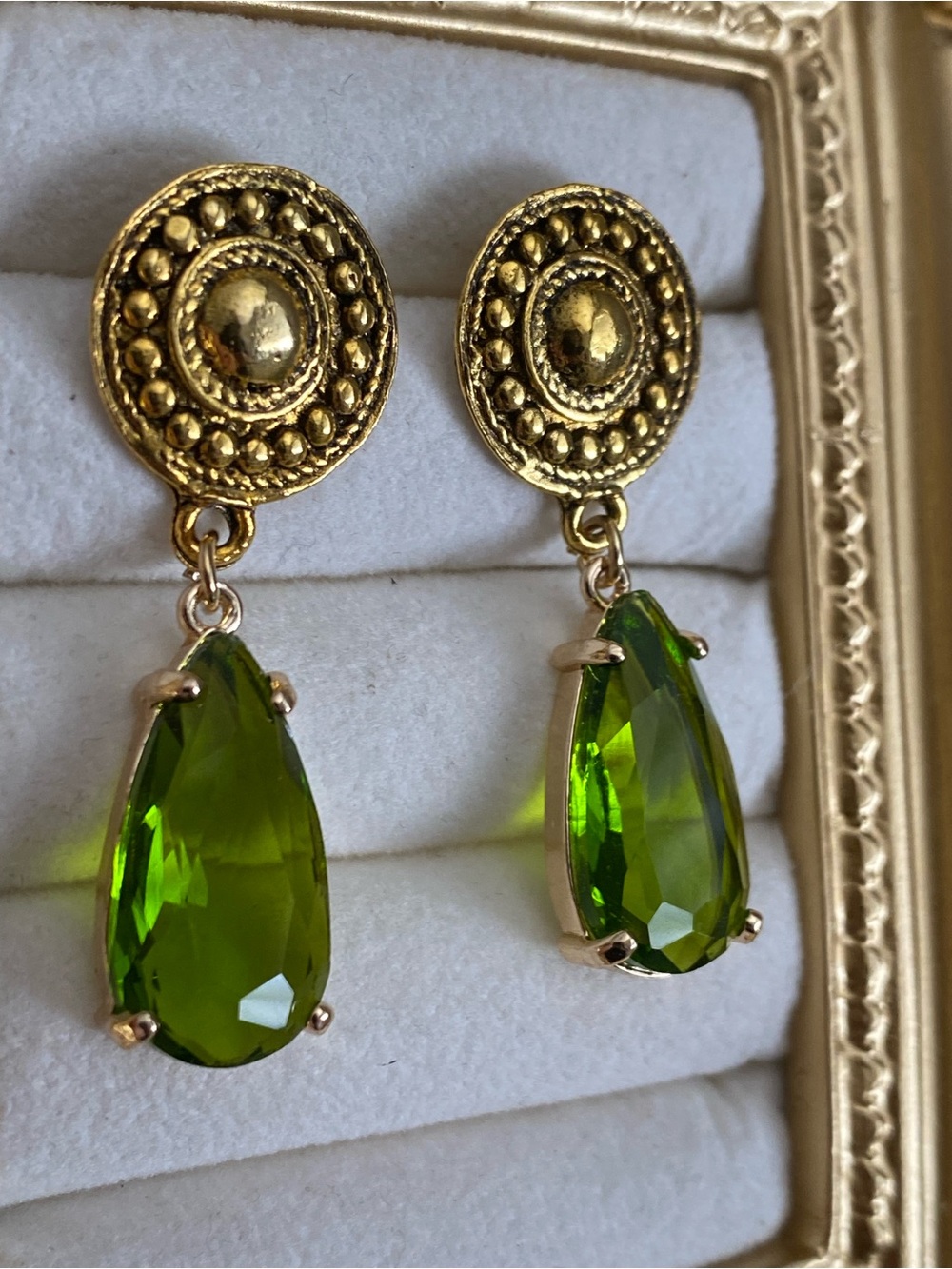 Gold-Tone Drop Earrings with Green Teardrop Stones